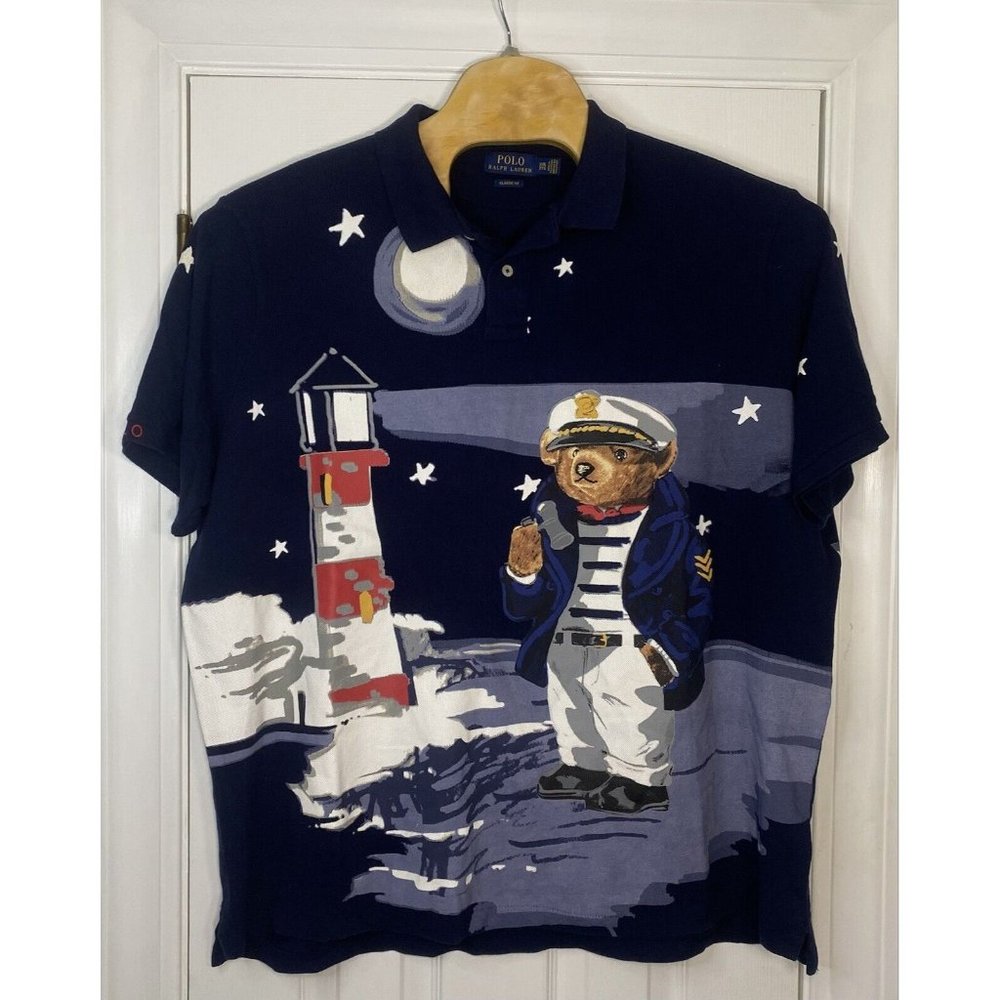 Polo Ralph Lauren Short Sleeve Polo Shirt Nautical Captain Sailor Bear Blue 2XL - Picture 1 of 15
